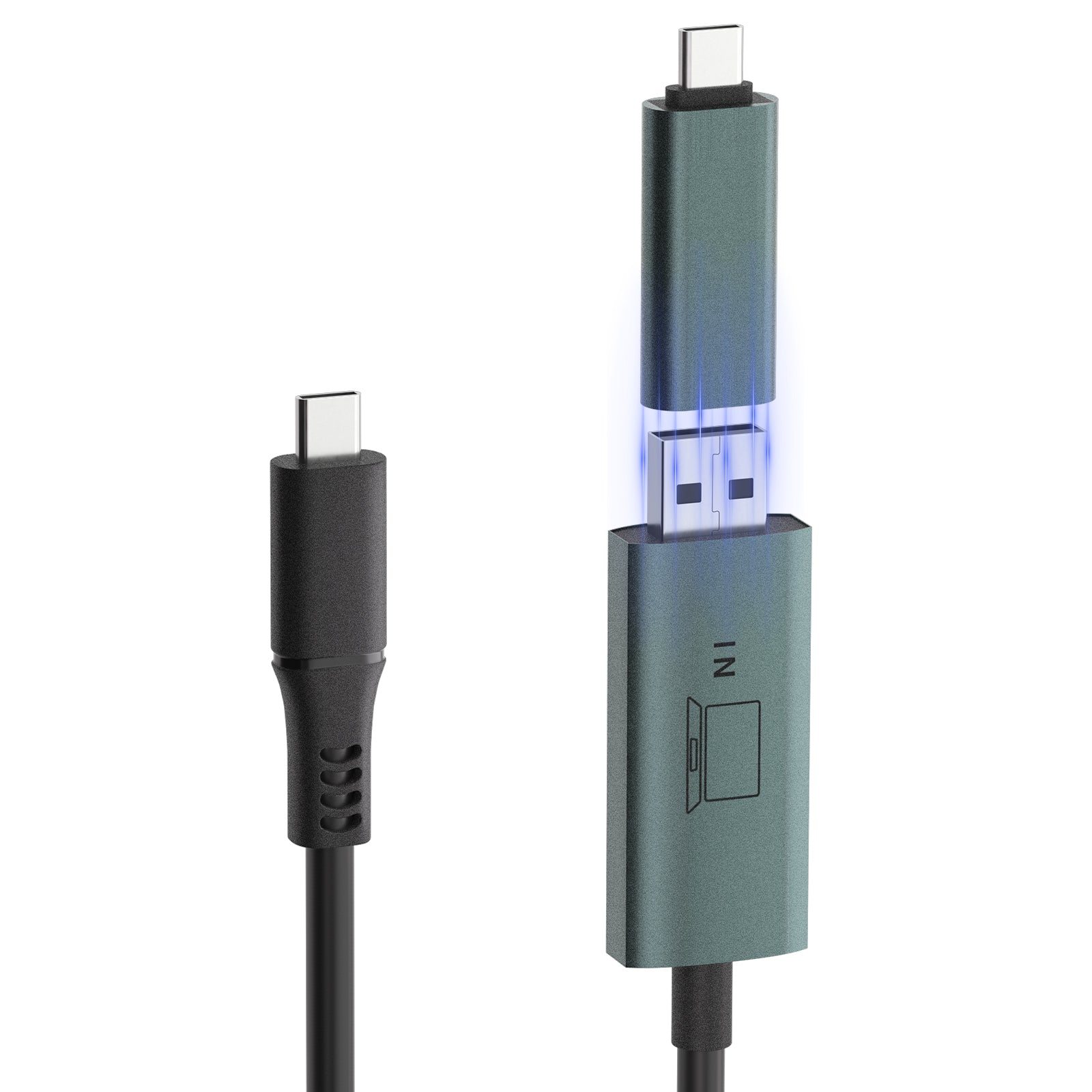 A USB data cable with a USB-C connector on one end and a USB-A connector on the other, with a splitter attached to the USB-A connector.