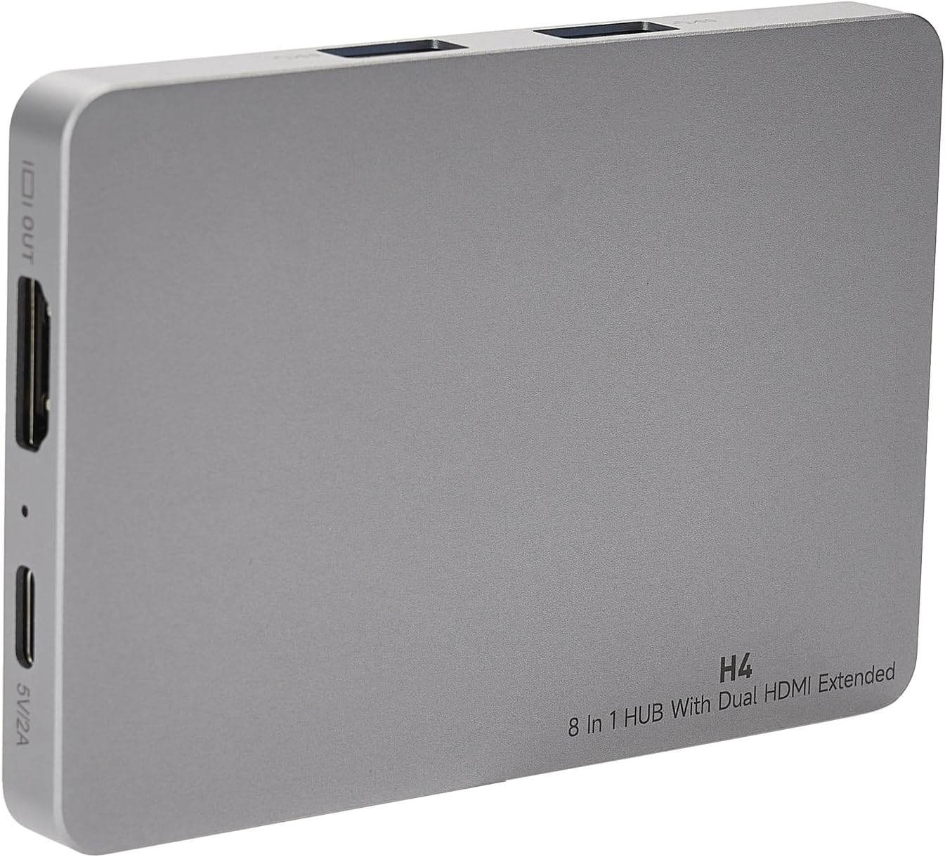 A gray laptop screen extension hub with multiple ports, including HDMI and USB, labeled 'H4 8 in 1 HUB Dual HDMI Extended'.
