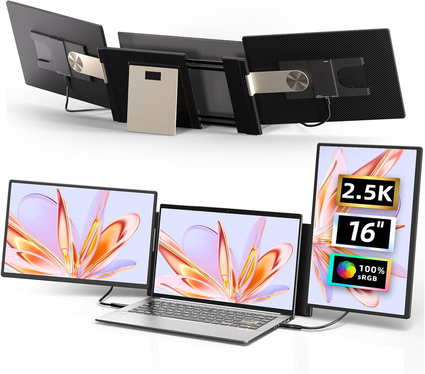 A laptop with a screen extender displaying a colorful screen split into three monitors. The main screen shows a close-up image of a flower, and the side monitors display a similar image, indicating a 2.