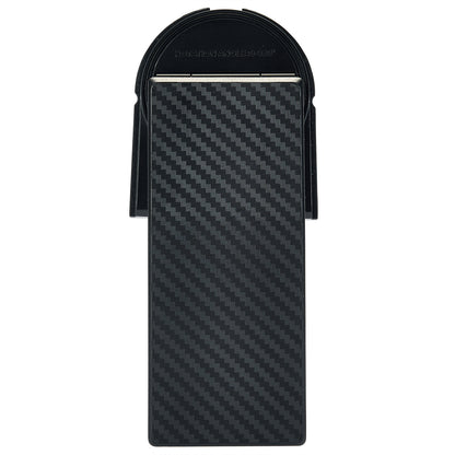 Black carbon fiber patterned wallet with brand name on a white background