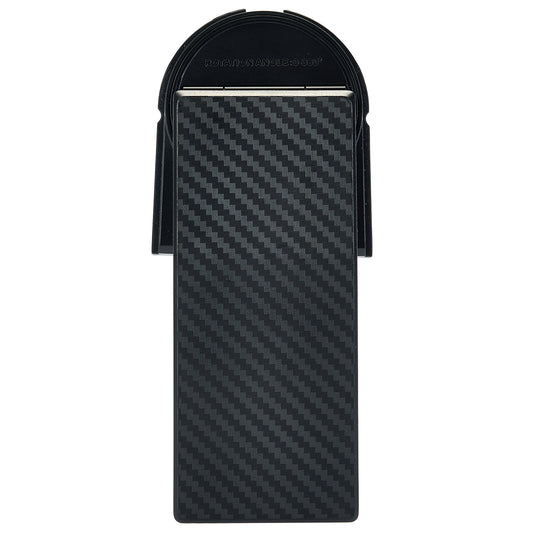 Black carbon fiber patterned wallet with brand name on a white background