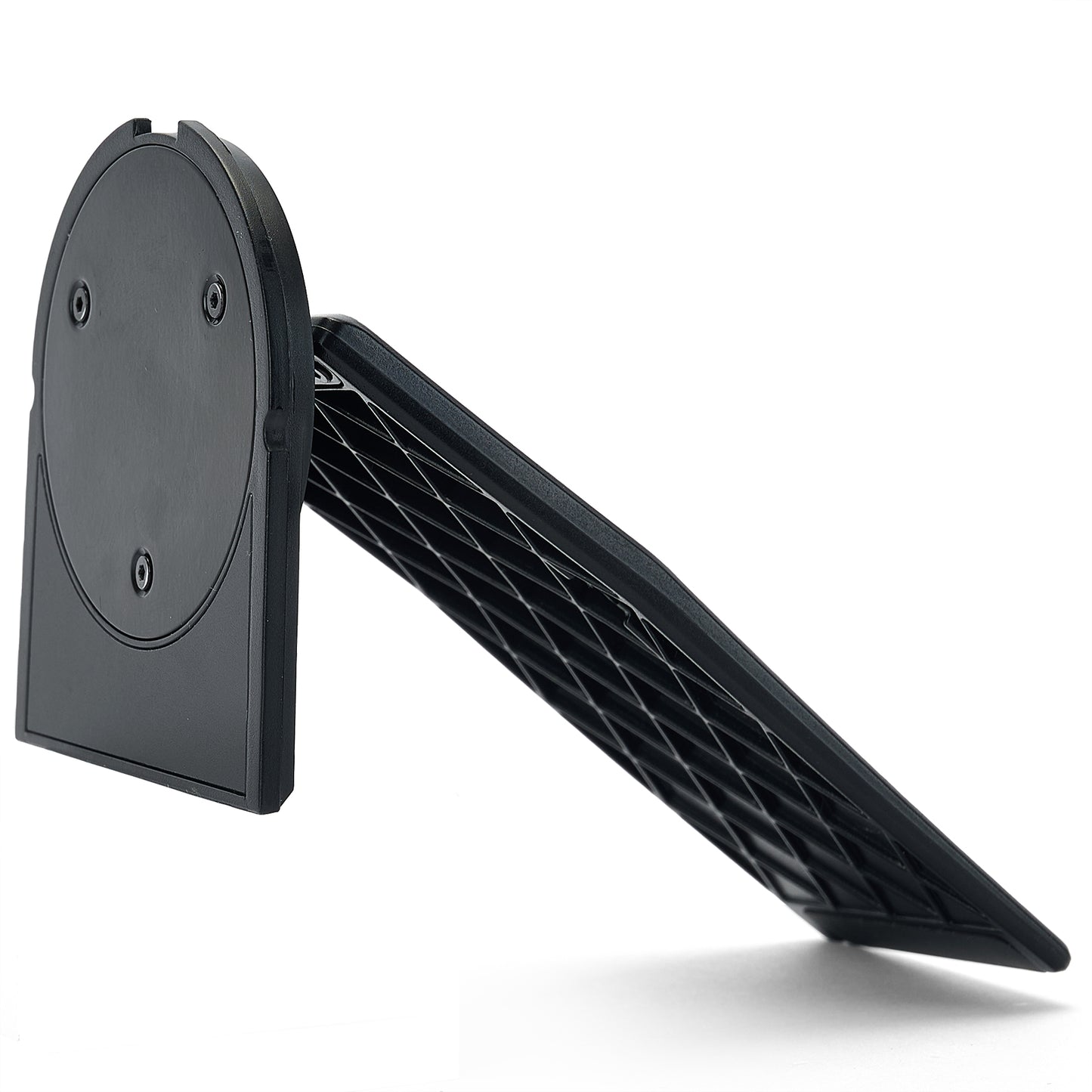 Black metal bracket with circular component on a white background
