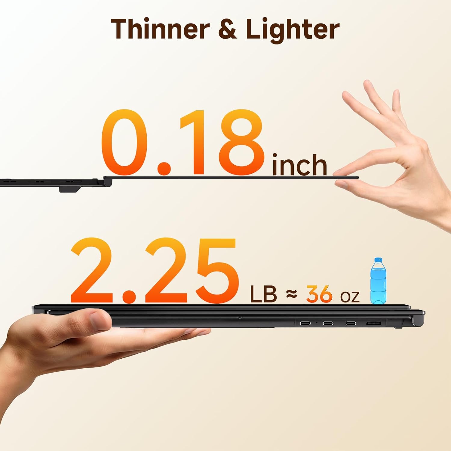 Thin and light laptop being held with text indicating dimensions and weight.
