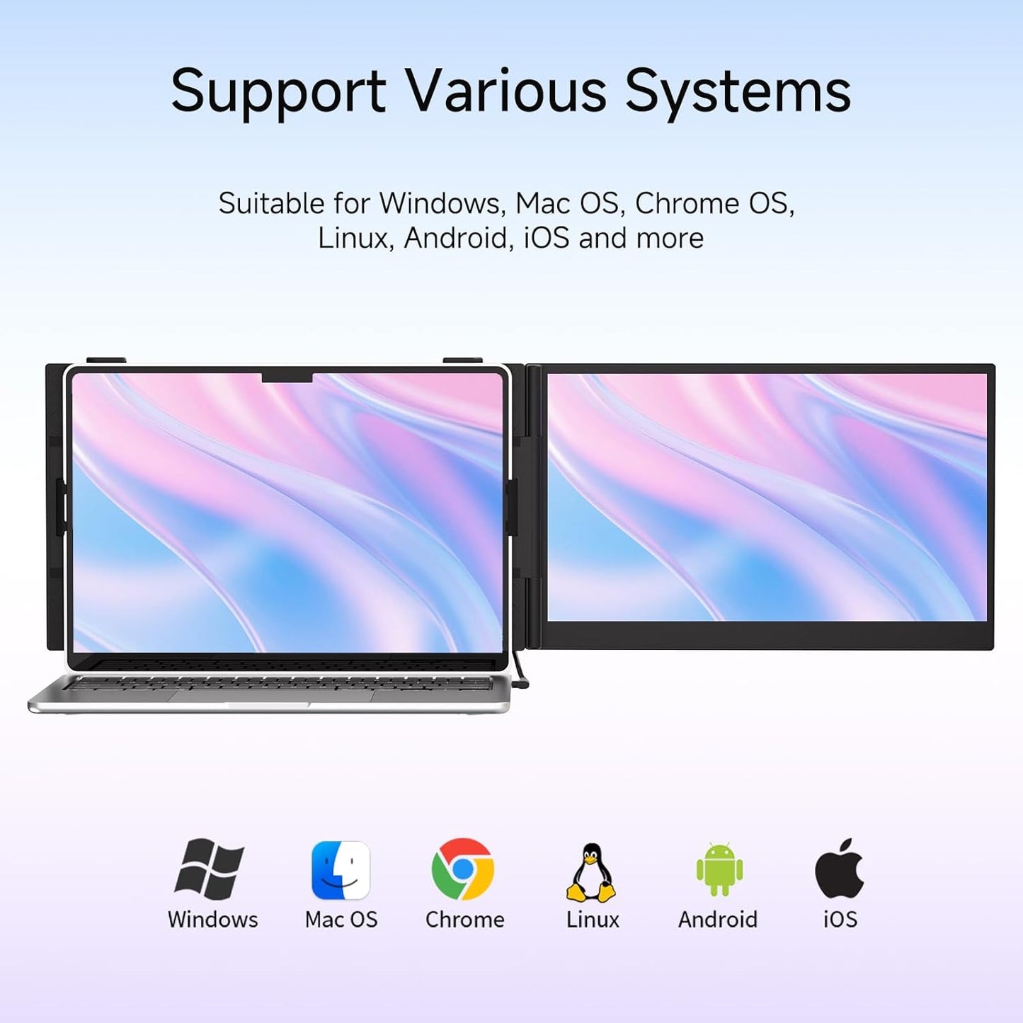 Two computer monitors side by side with text indicating compatibility with various operating systems on a light blue background.