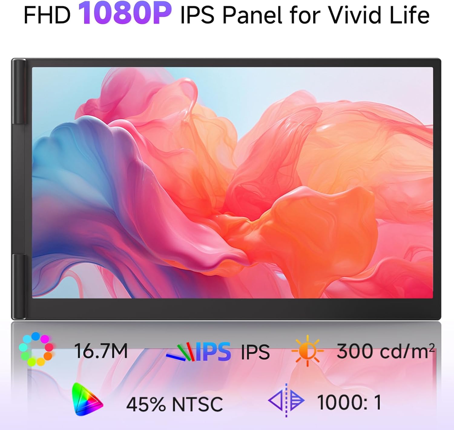 16.7M IPS panel with colorful display and technical specifications on a white background