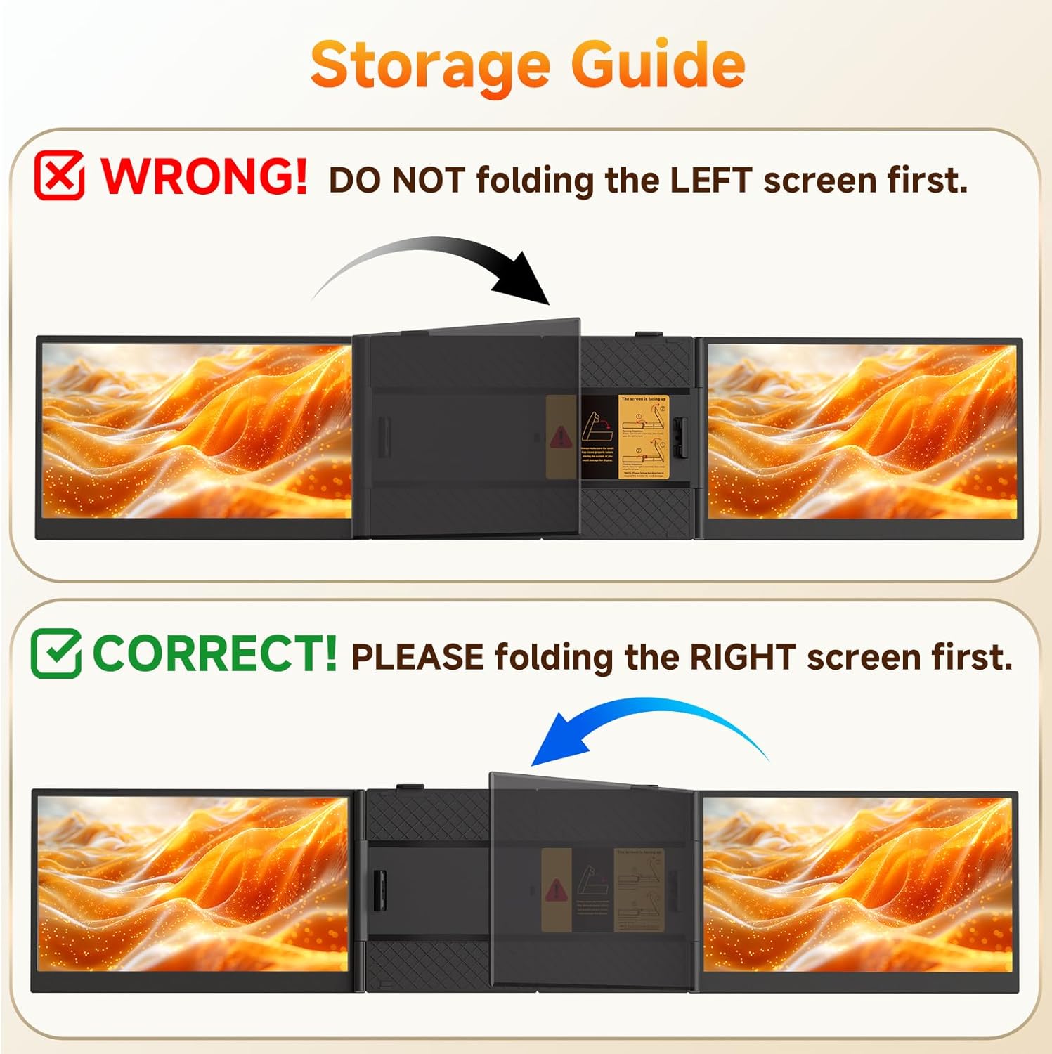 Storage guide showing the correct and incorrect ways to fold a multi-screen device.