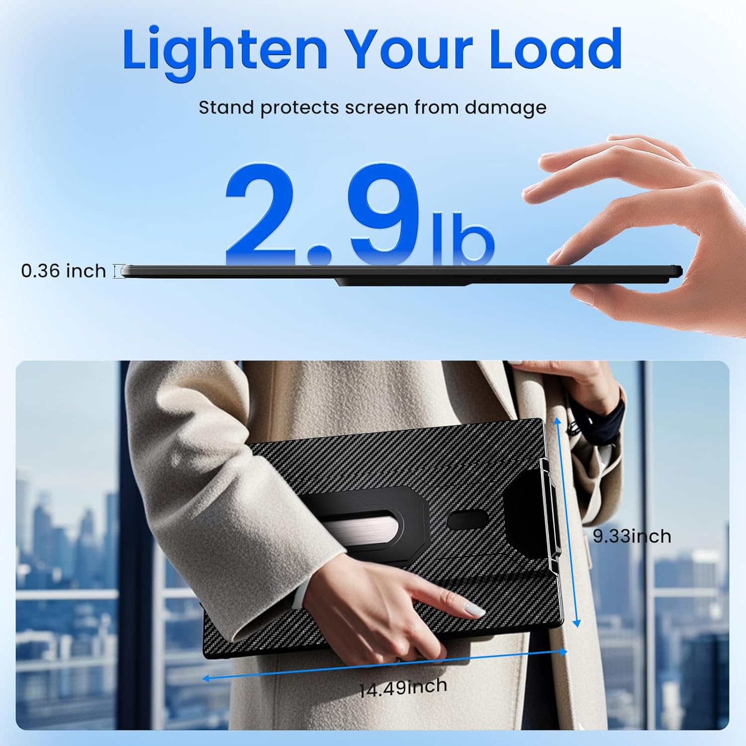 Person holding a laptop with protective case, showing weight and dimensions, with text 'Lighten Your Load'.