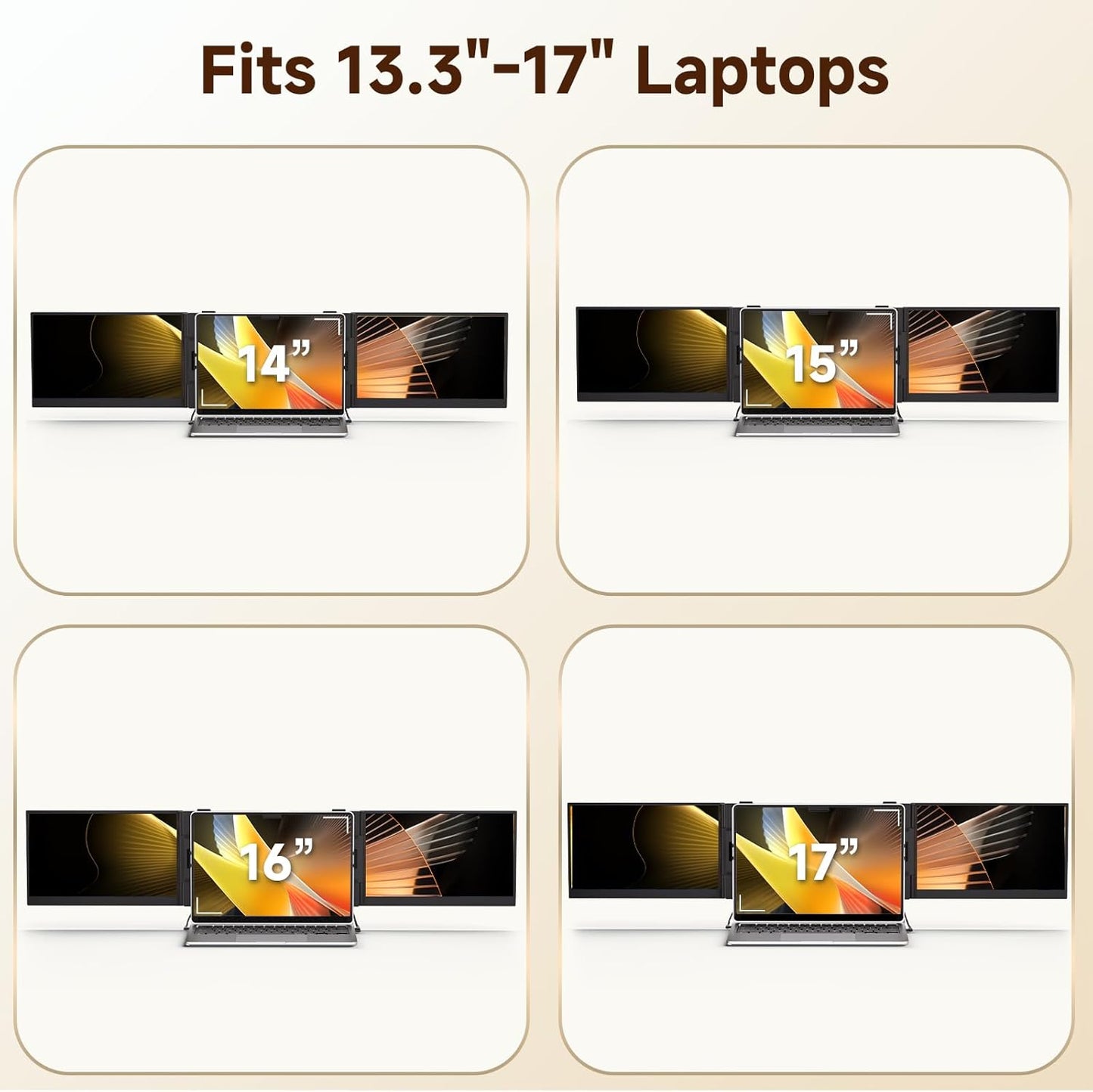 Display of laptop screens with size indicators on a beige background