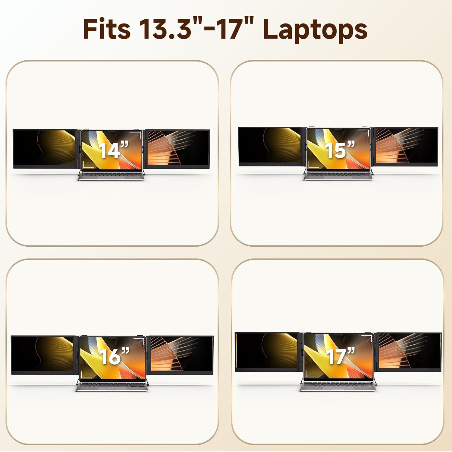 Display of laptop screens with size indicators on a beige background
