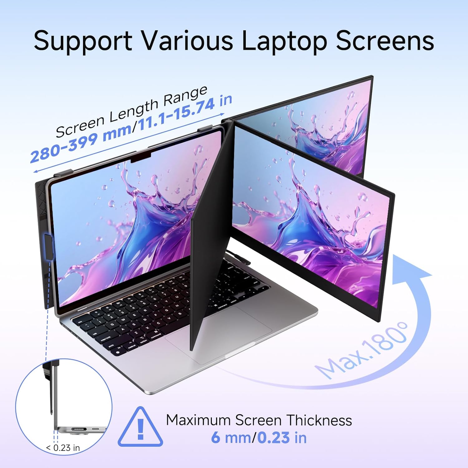 Laptop with a screen extension device displaying water splash graphics on a blue background.