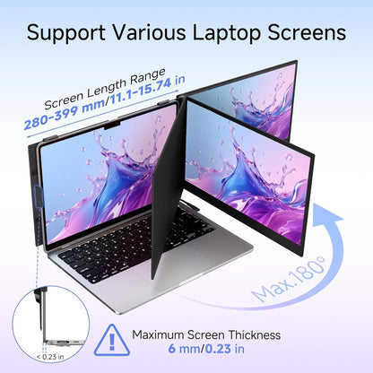 Laptop with a screen extension device displaying water splash graphics on a blue background.