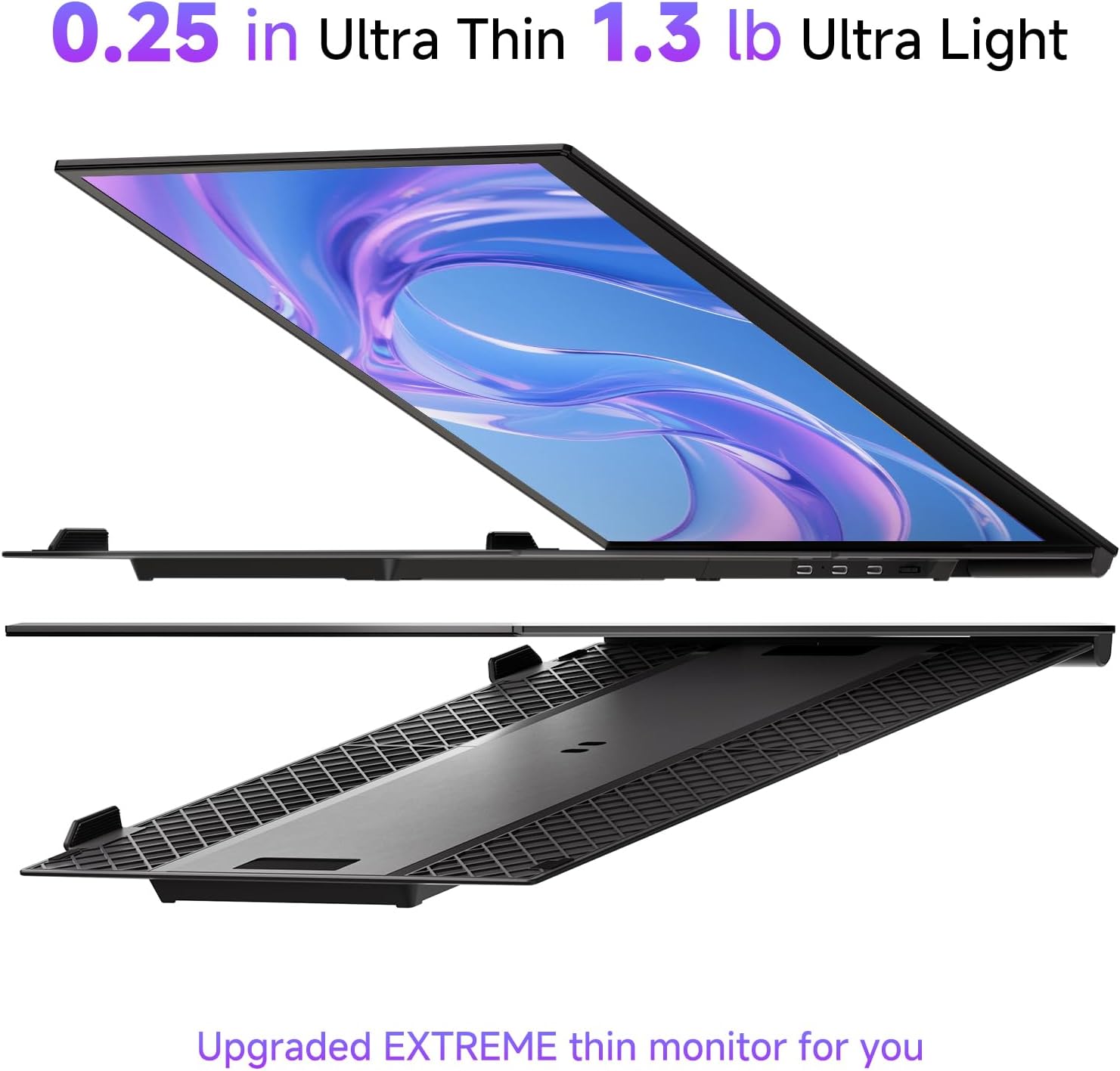 Thin and light monitor with specifications on a white background