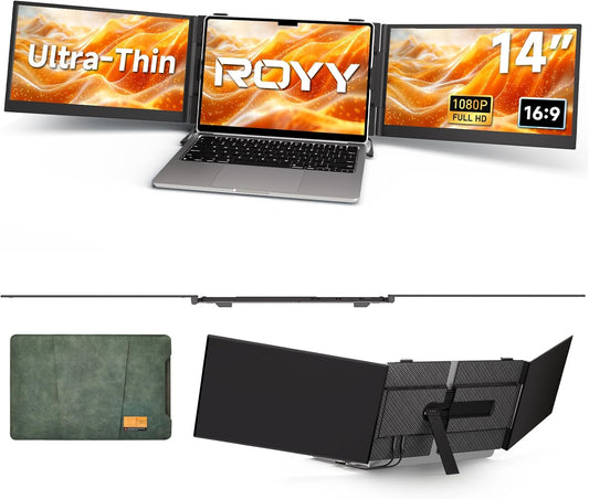 Laptop with a screen extension device and a green carrying case on a white background