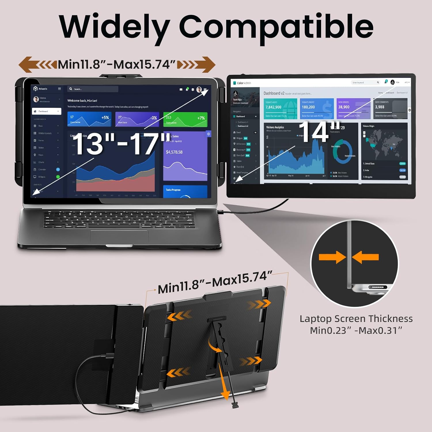 Laptop screen protector with compatibility range and thickness details on a gray background