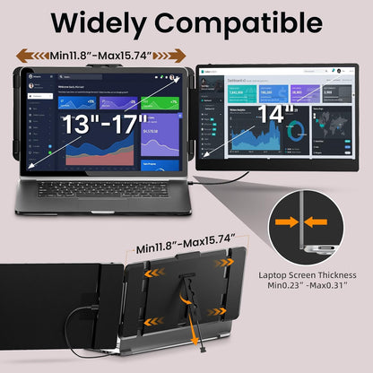 Laptop screen protector with compatibility range and thickness details on a gray background