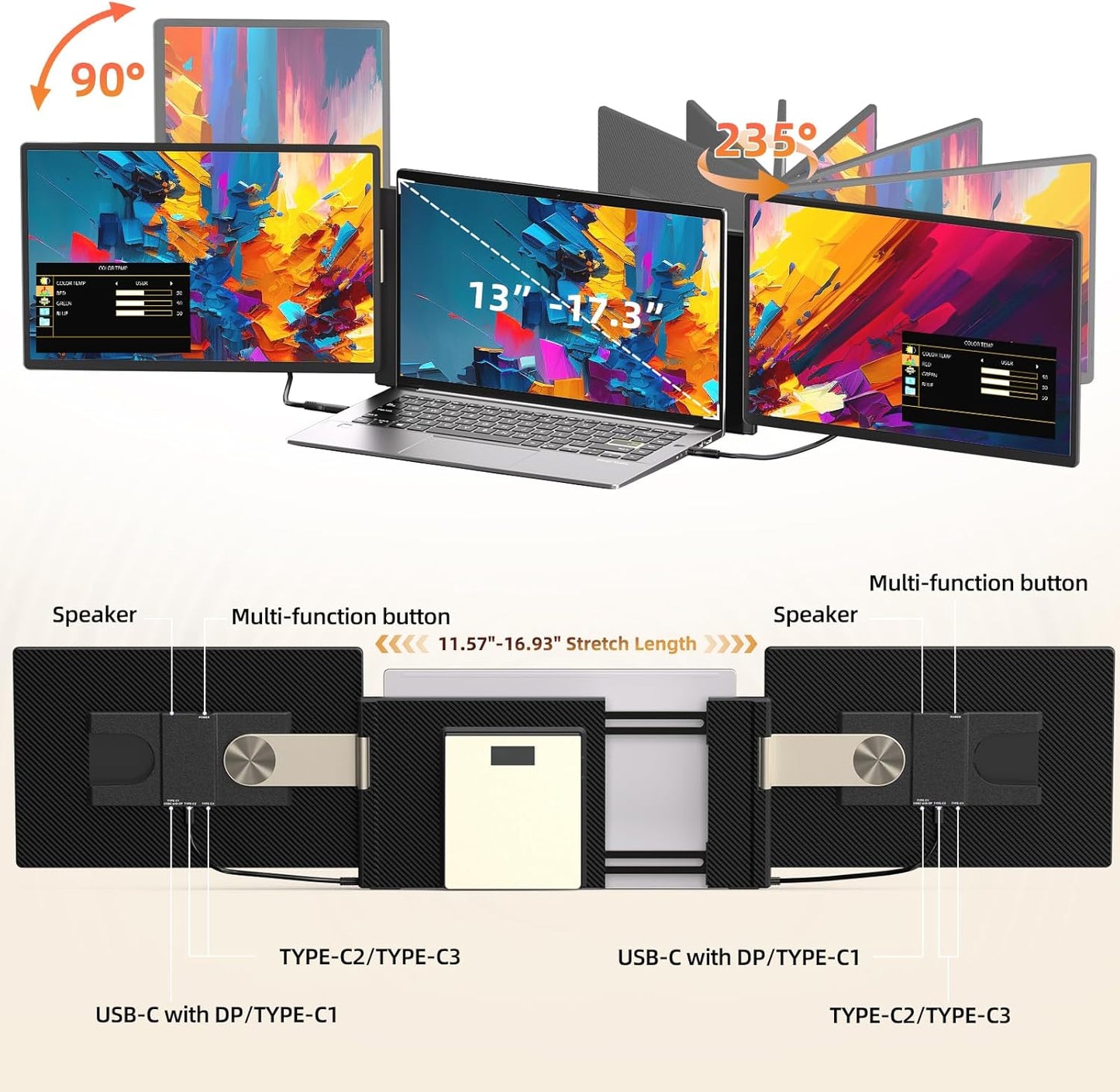 ROYY 16" Laptop Screen Extender Triple Monitor QHD 2560X1600P