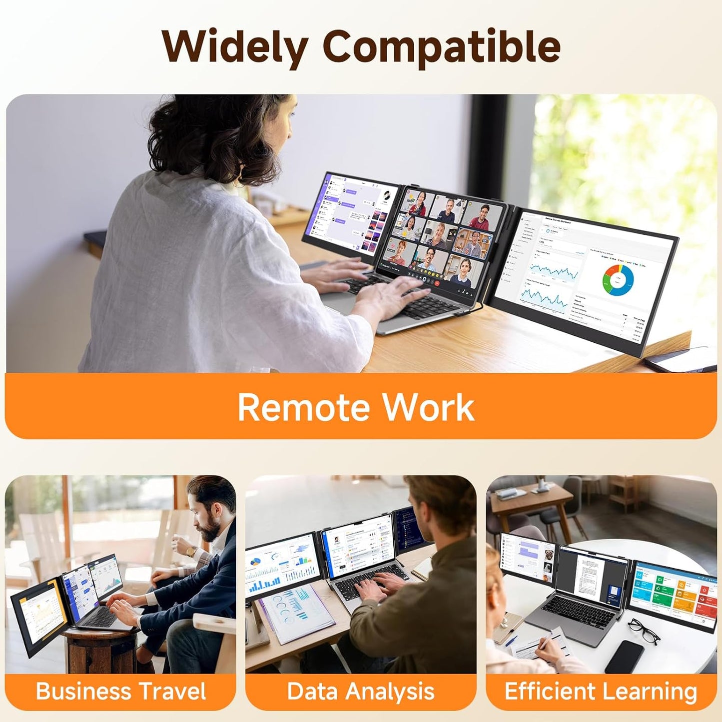 Person working on a laptop with multiple screens displaying different activities, with text indicating compatibility for remote work, business travel, data analysis, and efficient learning.