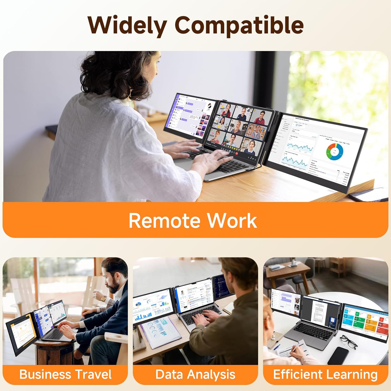 Person working on a laptop with multiple screens displaying different activities, with text indicating compatibility for remote work, business travel, data analysis, and efficient learning.