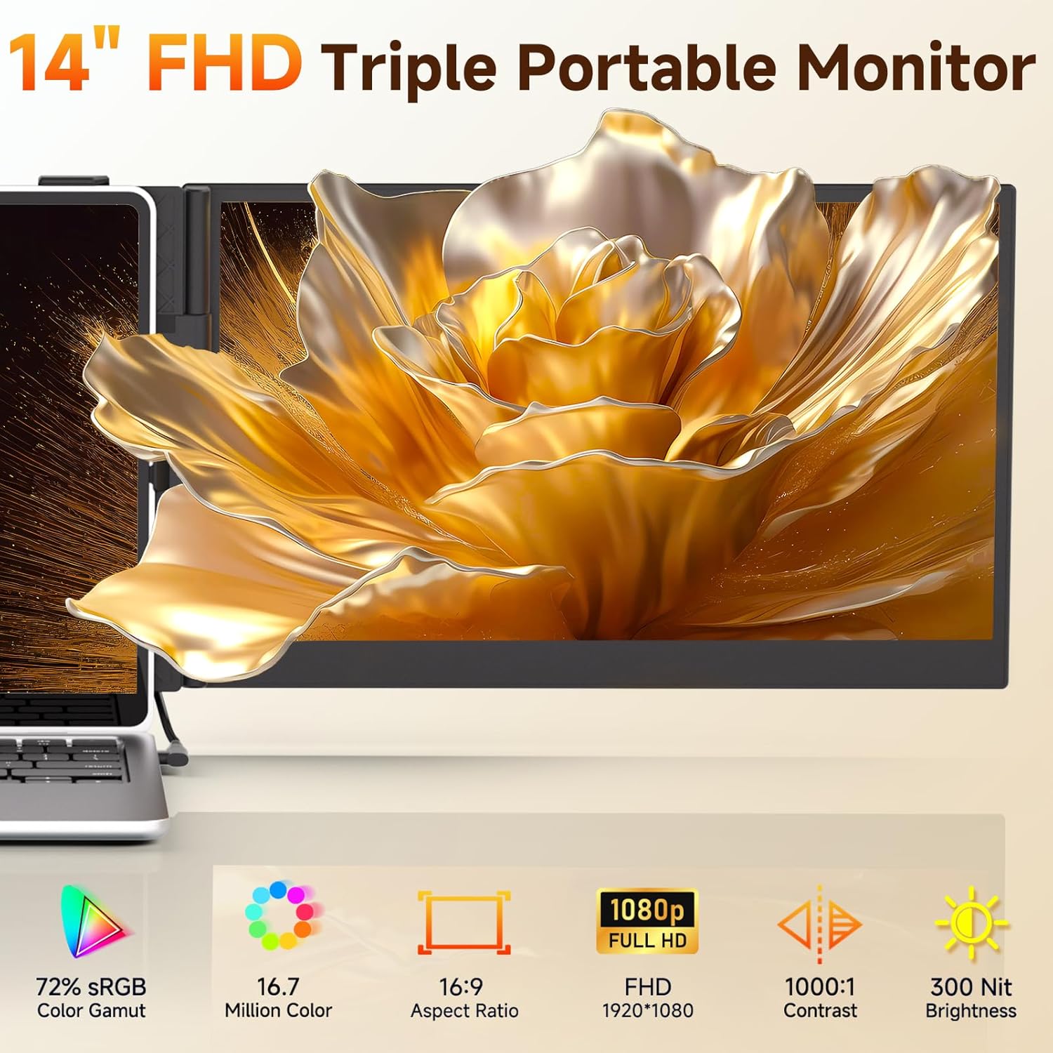 14-inch FHD triple portable monitor with a laptop on a beige background