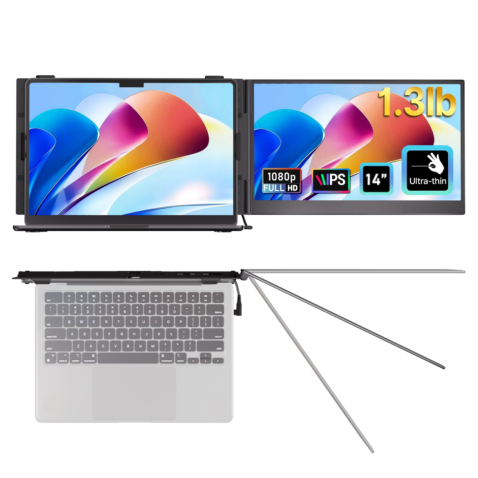 Laptop with a split screen showing specifications on a white background