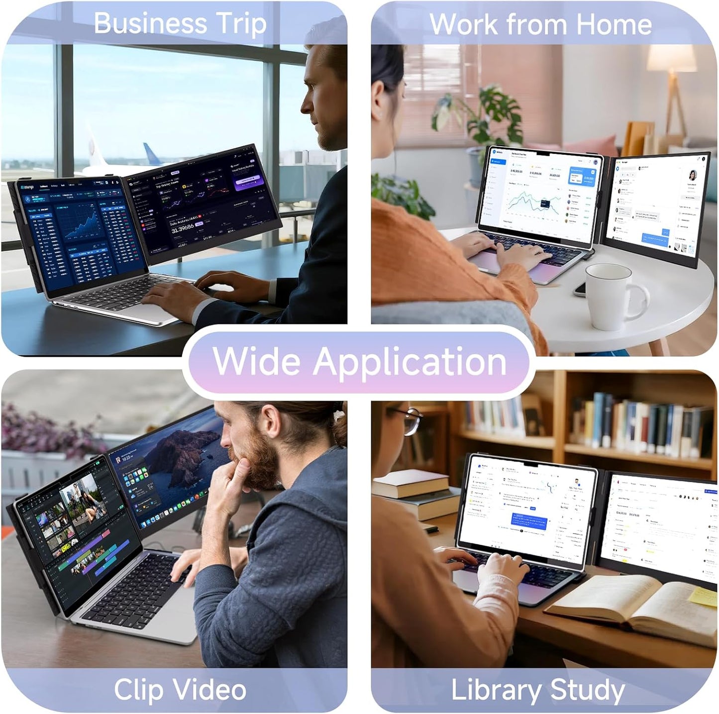 Collage of people using laptops in various settings with text labels.