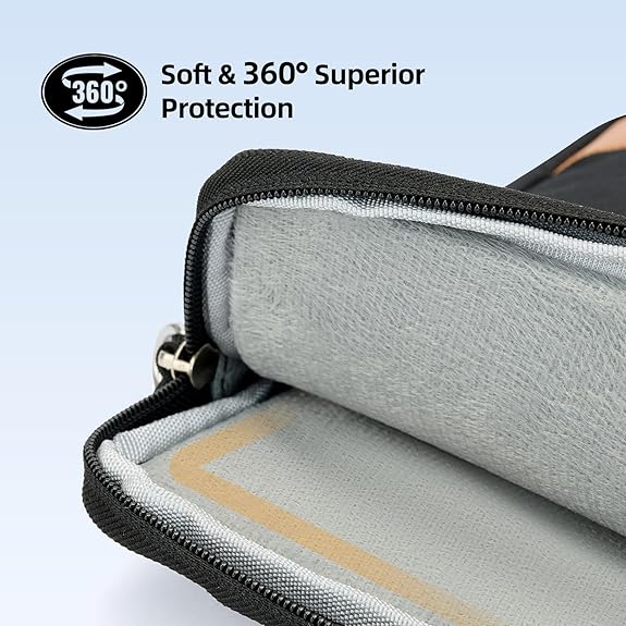 Gray protective case with zipper, showing interior and '360° Superior Protection' text.