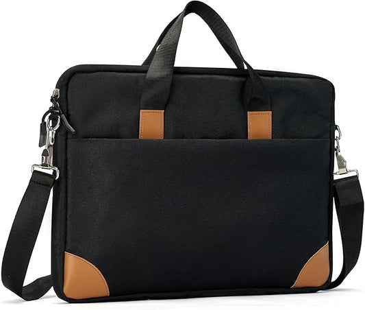Black briefcase with brown accents on a white background
