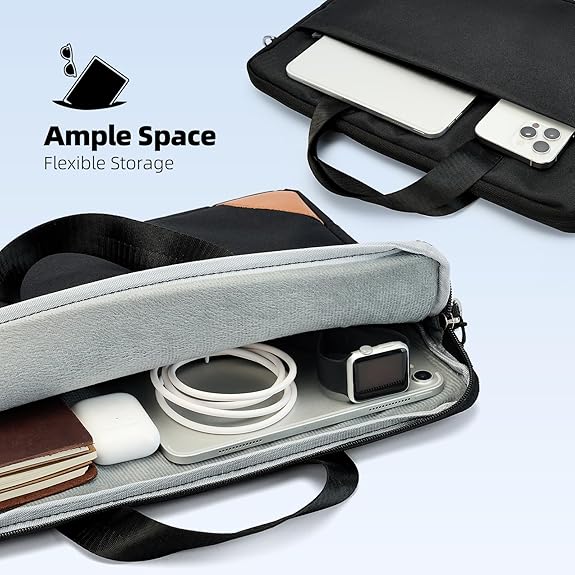 Black and gray laptop bag with flexible storage compartments containing electronic devices on a light blue background.