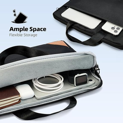 Black and gray laptop bag with flexible storage compartments containing electronic devices on a light blue background.