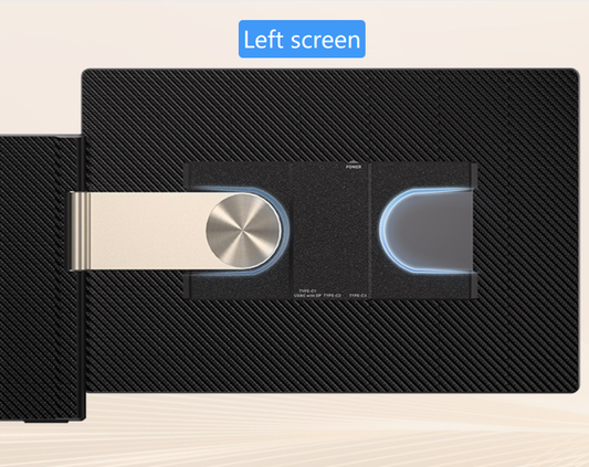 Black textured screen protector with silver accents on a light wood surface